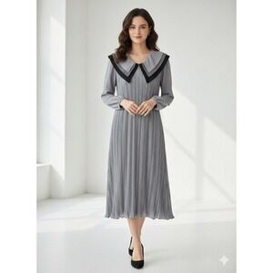 JT Dress pleated dress grey black layered collar long sleeve size S